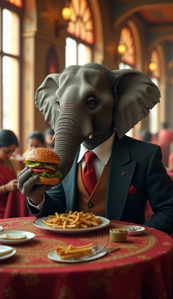 Elephant in black suit eating Hamburger in restaurant in india 