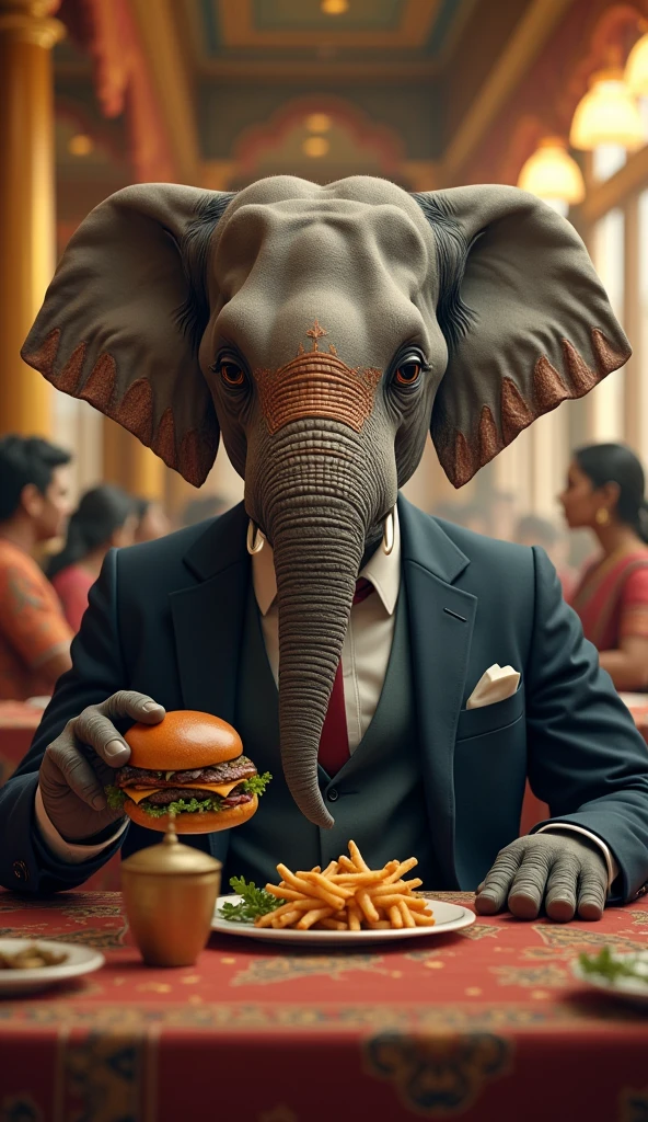 Elephant in black suit eating Hamburger in restaurant in india