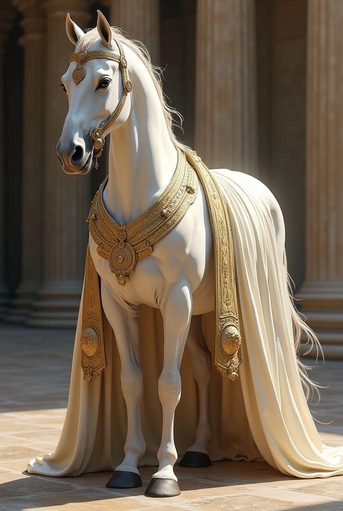 A white horse wearing roman robe