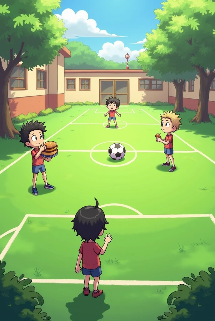 Scenario: A courtyard with a green grass soccer field. There are trees in the background, and the sky is clear and sunny. at the field, the marking lines are well defined, and there is a soccer ball positioned near the center.
Personagens:
chives: A boy with spiky hair, with a green shirt and black shorts, holding a football, looking excited for the game.
Smudge: A boy with short, messy hair, wearing a yellow t-shirt and red shorts, also ready to play, With a smile on his face.
magali: A girl with short dark hair, wearing a yellow dress, holding a big sandwich in his hands, with a satisfied expression, as if he were about to take a bite.
Monica: One with short black hair, wearing a red dress, está thoughtful, with one hand on his chin, suggesting a new game.
Dialogue:
magali (with a sandwich in hand): "I'll just watch, I am hungry!"
Monica (thoughtful, with hand on chin): "I was thinking about playing hide and seek. How are you?"
