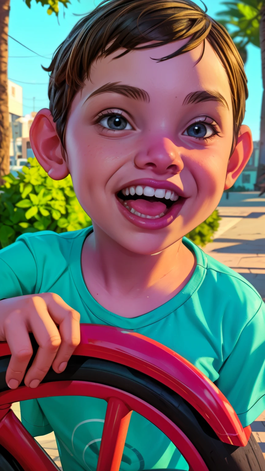 ((Close-up face)).Cartaz cinematográfico, GTA 5 Style. EMT ((a happy , 6yo), playing with a Orange bike , beautiful sunny day. highly detailed, detailed face, realistic, cinematic lighting, studio quality, professional, detailed face, intricate, vivid colors.