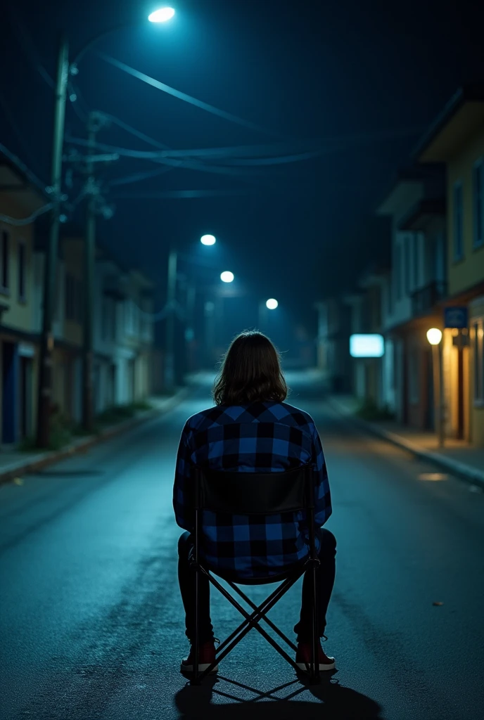 draw me a picture of a man with long shoulder length hair wearing a blue and black checkered flannel shirt sitting on a folding chair in the middle of a dark and empty street at night, the atmosphere is quiet and only street lights illuminate it