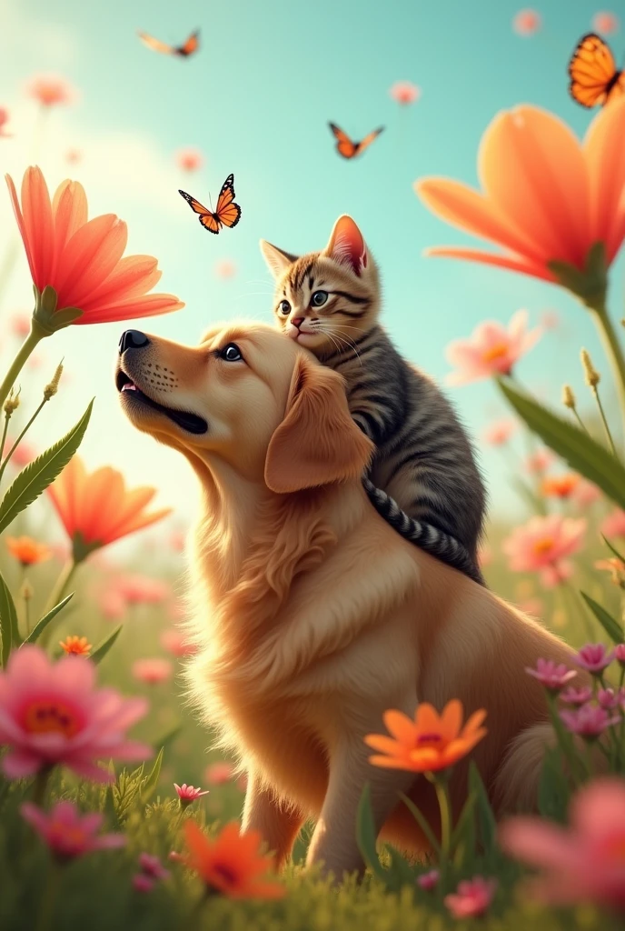 "4K ultra-realistic cinematic shot of a golden retriever dog and a tabby cat exploring a colorful, whimsical meadow full of oversized flowers and butterflies, the cat curiously sniffing a giant flower while perched on the dog's back, vibrant and fantastical color palette, gentle breeze moving the flowers and butterflies around them, soft and magical lighting, highly detailed fur and floral textures, dreamy and enchanting mood, Unreal Engine 5 render, ultra-high resolution"
