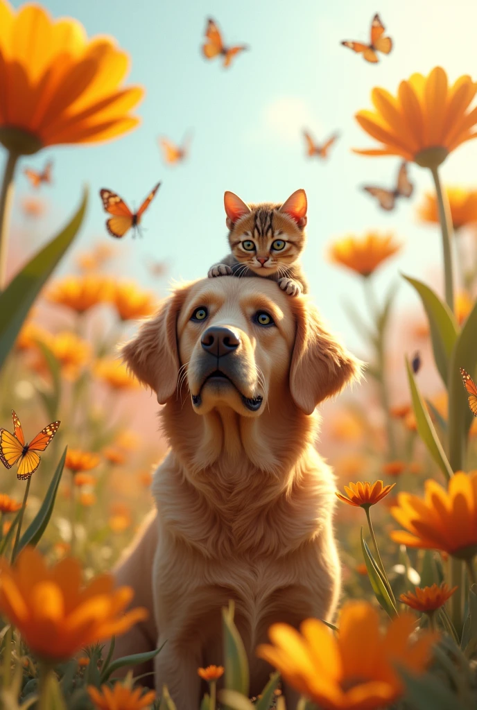 "4K ultra-realistic cinematic shot of a golden retriever dog and a tabby cat exploring a colorful, whimsical meadow full of oversized flowers and butterflies, the cat curiously sniffing a giant flower while perched on the dog's back, vibrant and fantastical color palette, gentle breeze moving the flowers and butterflies around them, soft and magical lighting, highly detailed fur and floral textures, dreamy and enchanting mood, Unreal Engine 5 render, ultra-high resolution"