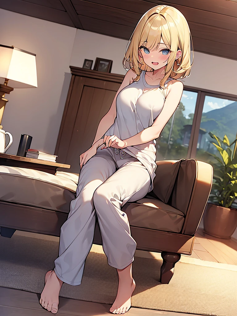 (Masterpiece, Top quality:1.5), full body, (1 beautiful girl, solo:1.2), (short height:1.2), (Lounge pants:1.3), Blonde hair:1.1, medium Hair, wavy Hair, asymmetry bangs, swept bangs, airy hair, large breasts:1.2, smile:1.3, blush:1.2, beautiful scene of living room, magnificent panorama view, blurry background, open mouth, dynamic pose, dynamic angle