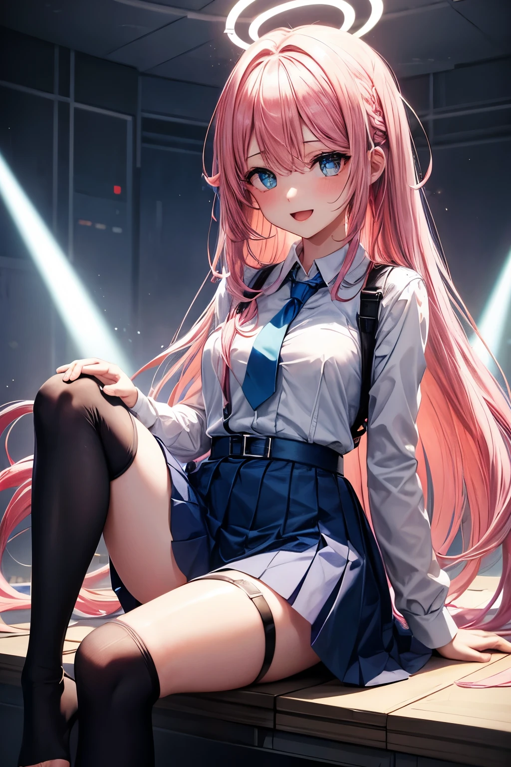 1 girl, Hoshino (blue file), alone, Heterochromia, Pink hair, skirt, long hair, tie, Ahog, shirt, halo, lattice skirt, blue eyes, lattice, looking at the audience, white shirt, sitting, Orange eyes, chest harness, harness, Long sleeve, ID card, open mouth, very long hair, collared shirt, Smile, blue tie, Bangs, feet beyond frame, Between the legs, hand Between the legs, blush, Hair between the eyes, High resolution,masterpiece, best quality