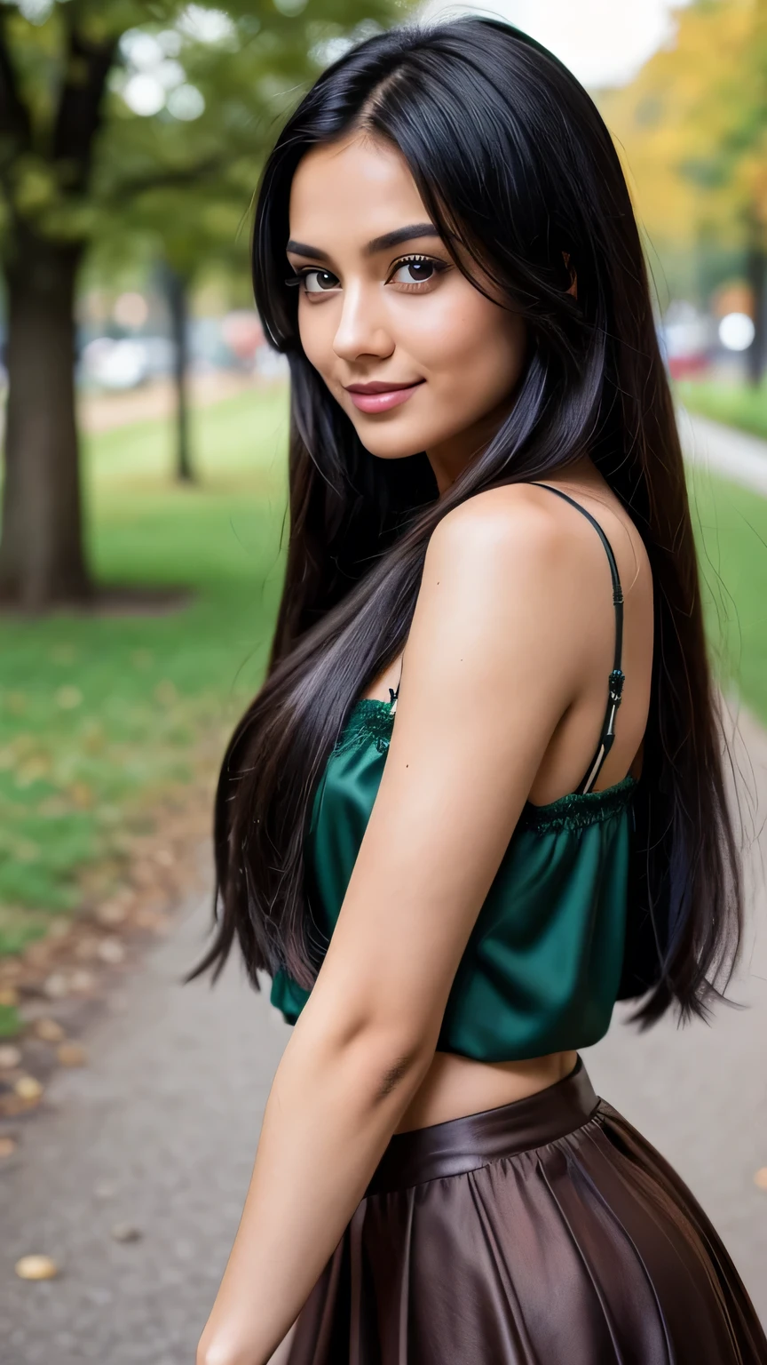 Realistic full body photo of a smiling, Young black-haired woman with long hair, She dances in front of the camera in a silk blouse with a green skirt..., Park,glamour fotoshooting, Park, perfect anatomy, perfect brown eyes. Perfect hands with 5 fingers on each hand, Matching girl, look into the camera, 1 Frau. (Eye make up:1.1), (highly detailed skin:1.1), spirit, analog style, keen focus, 8K UHD, dslr, good quality, Fujifilm XT3, Grain, Award-winning, masterpiece. Park
