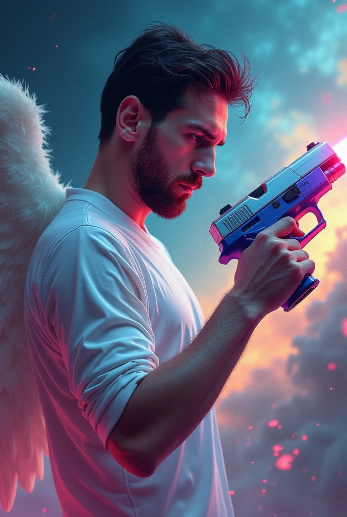 Messi with a hue gun in his hand wearing white dress