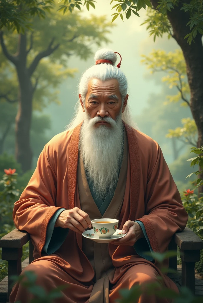 Chinese Feng Shui Master, sitting looking straight ahead, gentle face, white hair, happy, drinking tea, behind is a cool green tree scene