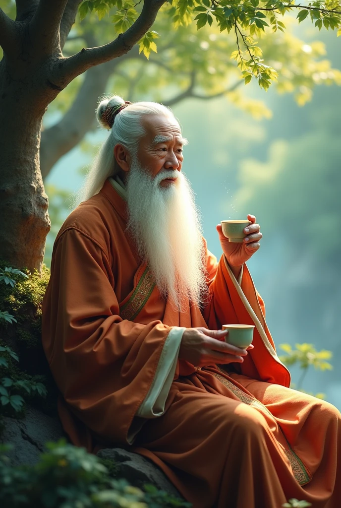 Chinese Feng Shui Master, sitting looking straight ahead, gentle face, white hair, happy, drinking tea, behind is a cool green tree scene