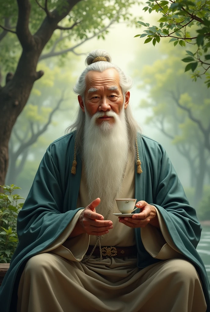 Chinese Feng Shui Master, sitting looking straight ahead, gentle face, white hair, happy, drinking tea, behind is a cool green tree scene