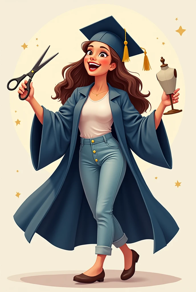 A happy woman wearing a full graduation uniform and holding scissors in her right hand and a big mannequin in her left hand. A two-dimensional cartoon drawing with high detail.