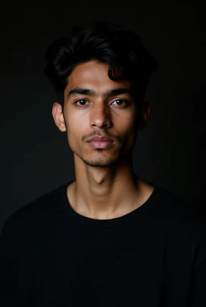 A Nepali 18 years Nepali man who wear black t shirt in dark background 