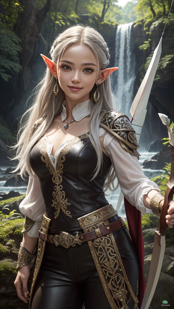 (4K,8K, ultra HD, very detailed,intricate detail , masterpiece,high resolution, perfect anatomy:1.4), 1 girl, (Female Elf, pointed ears), (pearl white skin:1.1),(high detail, middle, awesome silver hair, floating, moving, updo),(image from head to knee, dynamic posture, dynamic shot), detailed eyes, detailed lips, attractive medium beasts, (she is the elf hunter, detailed clothes, ancient design outer and pants, leather armor, earrings and pendant ), (ancient items, fantasy, (ancient products ,( intricate designed bow and arrows)), intricate decorated), seductive woman hunter, ancient magician outfit, fantasy, goodness, holy, (high detail, rich in nature, The forest is abundant in nature, Rich in greenery, great waterfalls, background), affectionate face and smile ,