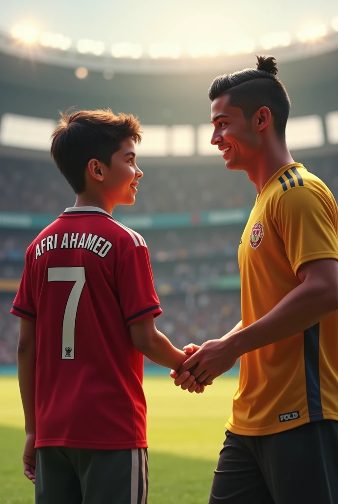 A smart boy shaking his hand with Cristiano Ronaldo and behind of that smart boy’s jersey named as AFRI AHAMED and number 7