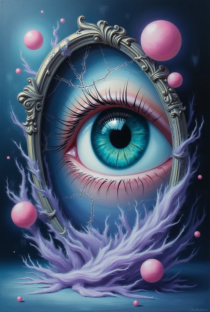 Creating a surrealist artwork featuring an eye and a mirror can be an intriguing and imaginative project. Here’s how you can design and paint it, along with suggestions for colors and styles.
### **Concept for the Artwork:**
Imagine a floating, realistic eye gazing into a cracked mirror that distorts its reflection. Surround the scene with abstract elements like swirling colors, floating objects, and maybe even fragments of reality breaking into the surreal. The idea is to create a dreamlike, thought-provoking image that plays with perception.
### **Suggested Colors:**
1. **Eye:**
- **Iris**: Deep teal, emerald green, or sapphire blue for a striking look.
- **Pupil**: Black, with a subtle highlight in white.
- **Sclera (white of the eye)**: Off-white with a hint of light gray for realism.
- **Reflections**: Use a bright white or light gray to highlight reflections on the eye.
2. **Mirror:**
- **Glass**: Cool tones like pale blue or silver, with a hint of lavender for an ethereal feel.
- **Frame**: Use a metallic color like gold or bronze, or go for something more surreal, like deep violet or cobalt blue.
3. **Background:**
- **Main Color**: Midnight blue or deep purple, fading into black at the edges to create a sense of depth.
- **Abstract Elements**: Swirls in light lavender, pink, or turquoise. You can also use soft white for highlights.
4. **Additional Elements:**
- **Floating Objects**: Use soft pastels like blush pink, baby blue, or mint green for floating objects or abstract shapes.
- **Cracks in the Mirror**: Light silver, with hints of dark gray for shadows.
### **Styling Tips:**
- **Realism Meets Abstraction**: The eye should be painted in a realistic style, while the mirror and background can be more abstract, with softer edges and flowing forms.
- **Textures**: Use smooth blending for the eye, but allow for rougher textures in the background and mirror to contrast the realism with the surreal.
- **Lighting**: Focus on