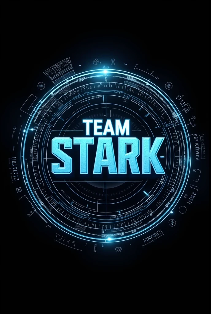 Design a logo that says "Team Stark". The design must be circular. It must be set in Ironman with decorations inspired by technology and especially mathematics. It must be black and neon blue.