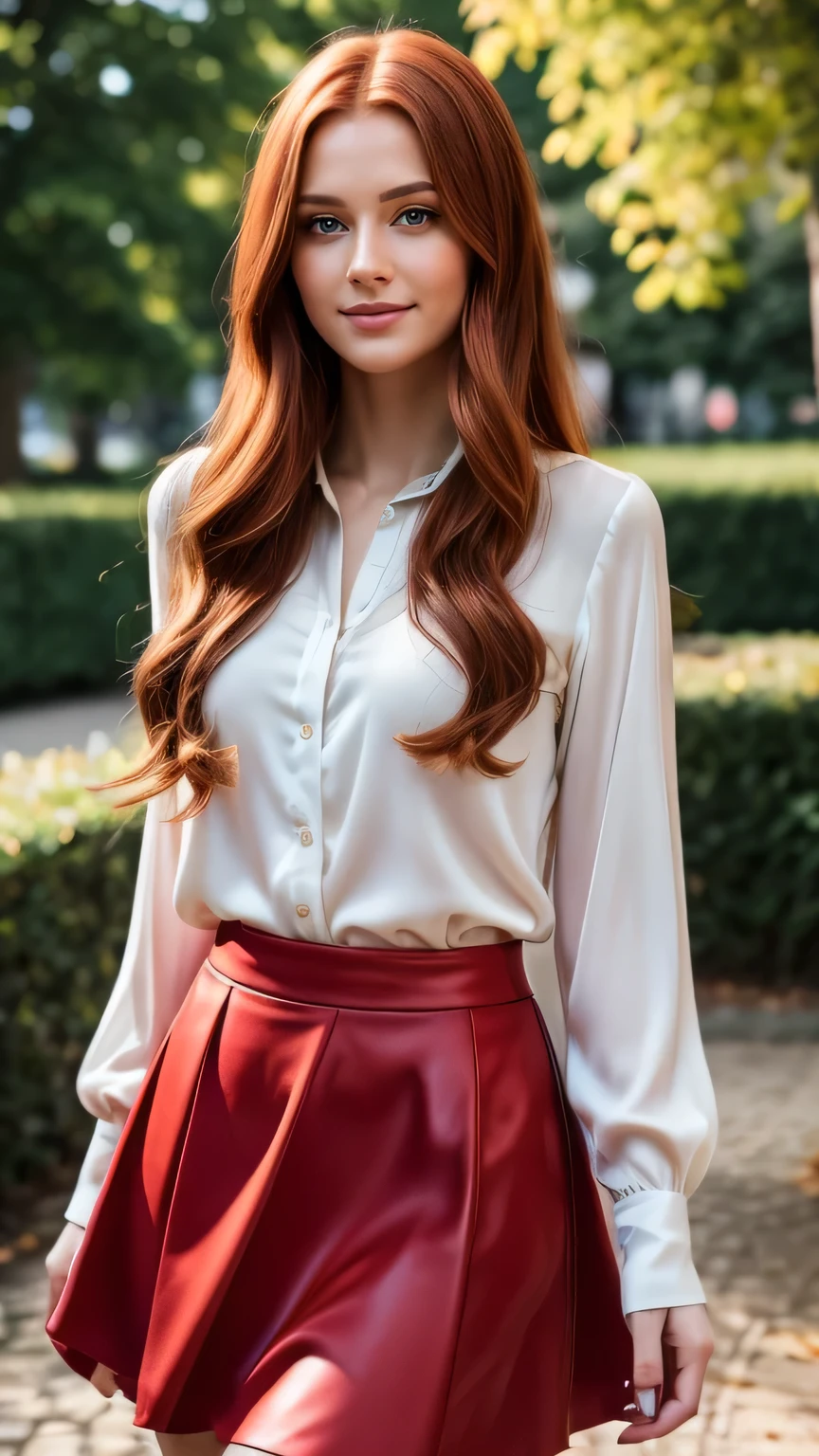 Realistic full body photo of a smiling, Young red-haired woman with long hair, She dances in front of the camera in a silk blouse with a red skirt..., Park,glamour fotoshooting, Park, perfect anatomy, perfect green eyes. Perfect hands with 5 fingers on each hand, Matching girl, look into the camera, 1 Frau. (Eye make up:1.1), (highly detailed skin:1.1), spirit, analog style, keen focus, 8K UHD, dslr, good quality, Fujifilm XT3, Grain, Award-winning, masterpiece. Park