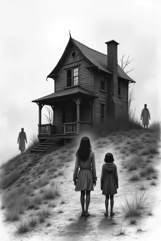 A house on the hill horror spirits and two brothers woman and man pencil drawing