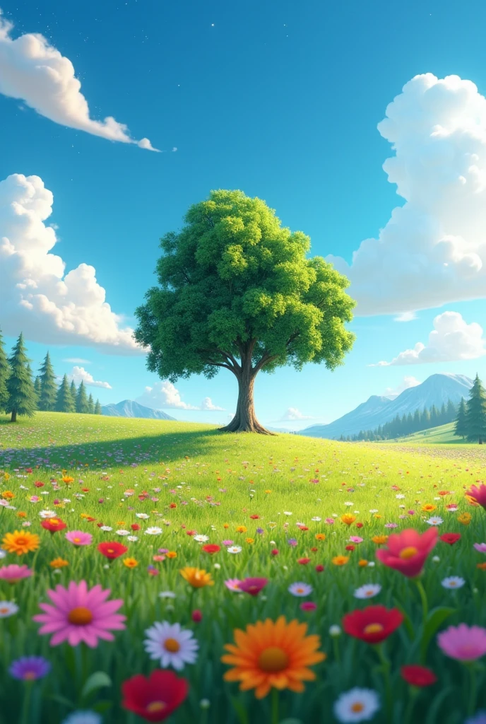 Viral anime nature wallpaper in 4K quality, in the style of Pixar 3D inspired by Toy Story, showcasing a lush meadow filled with colorful wildflowers, a clear blue sky with fluffy clouds, and a single majestic tree standing in the middle; bright and cheerful color temperature, cosmos lighting with stars twinkling in the sky, no human characters, the atmosphere is whimsical and joyful. 