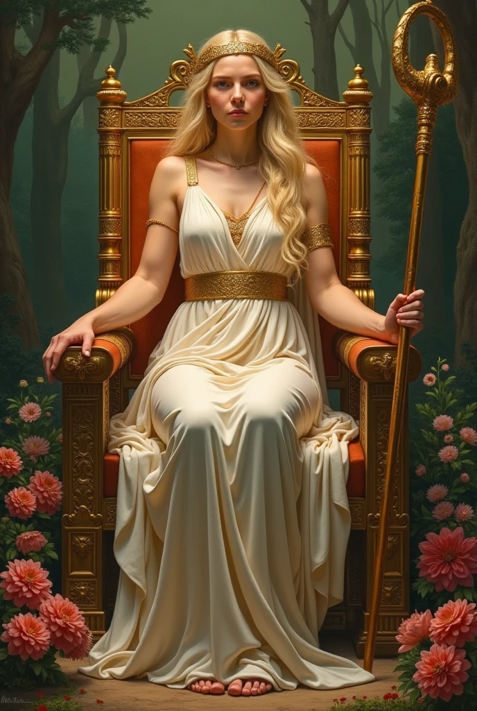 The image is a painting that depicts a mythological scene, likely inspired by ancient Greek or Roman mythology. The central figure is a woman with long blonde hair, sitting on a throne-like structure. She is adorned with a crown and is draped in a flowing garment that leaves her shoulders bare. The throne is decorated with intricate designs and is set against a backdrop of lush greenery and vibrant flowers, suggesting an outdoor setting. The woman is holding a staff in her right hand, which is a common attribute of deities in classical mythology. The overall composition of the painting, along with the use of warm colors and the presence of the staff, suggests that the woman is a goddess or a figure of significant importance in the mythological narrative being depicted.