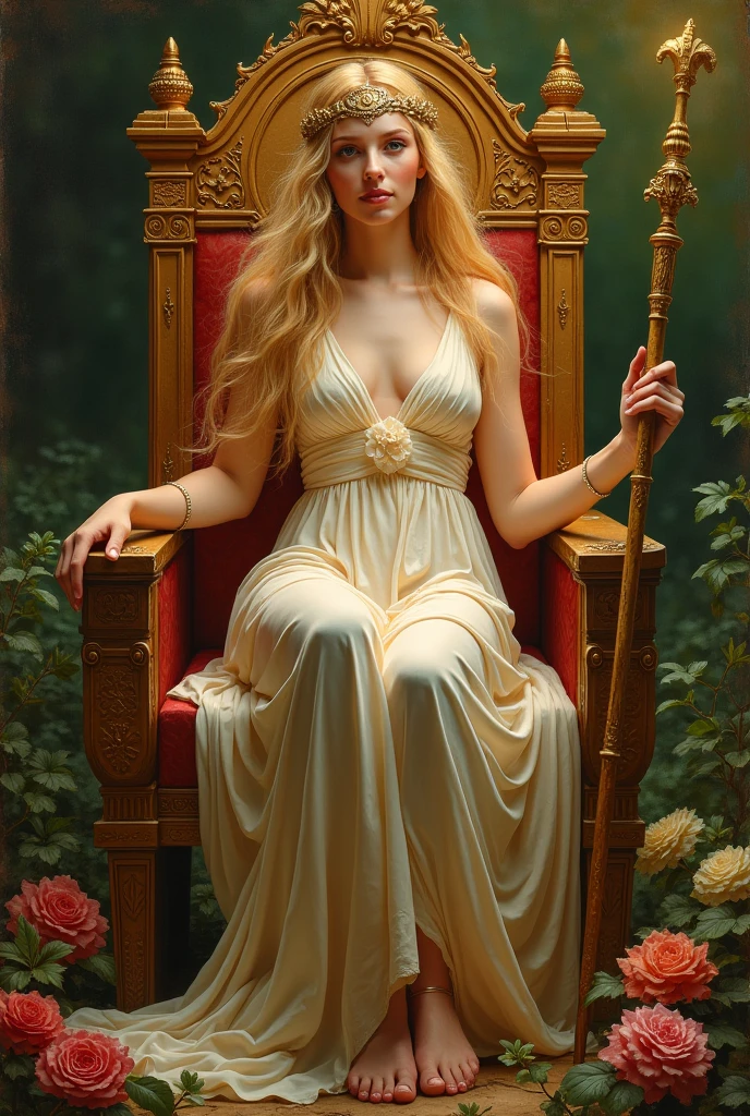 The image is a painting that depicts a mythological scene, likely inspired by ancient Greek or Roman mythology. The central figure is a woman with long blonde hair, sitting on a throne-like structure. She is adorned with a crown and is draped in a flowing garment that leaves her shoulders bare. The throne is decorated with intricate designs and is set against a backdrop of lush greenery and vibrant flowers, suggesting an outdoor setting. The woman is holding a staff in her right hand, which is a common attribute of deities in classical mythology. The overall composition of the painting, along with the use of warm colors and the presence of the staff, suggests that the woman is a goddess or a figure of significant importance in the mythological narrative being depicted.