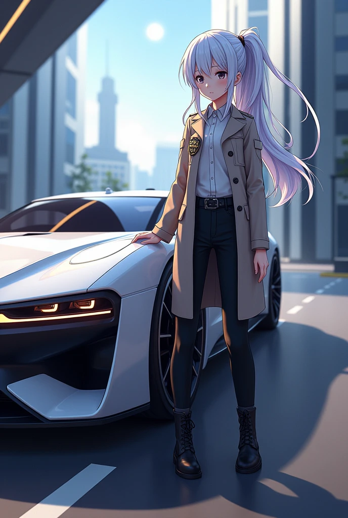 A white-haired, dark-eyed anime girl with a ponytail wearing a detective outfit is standing next to a H2 car.