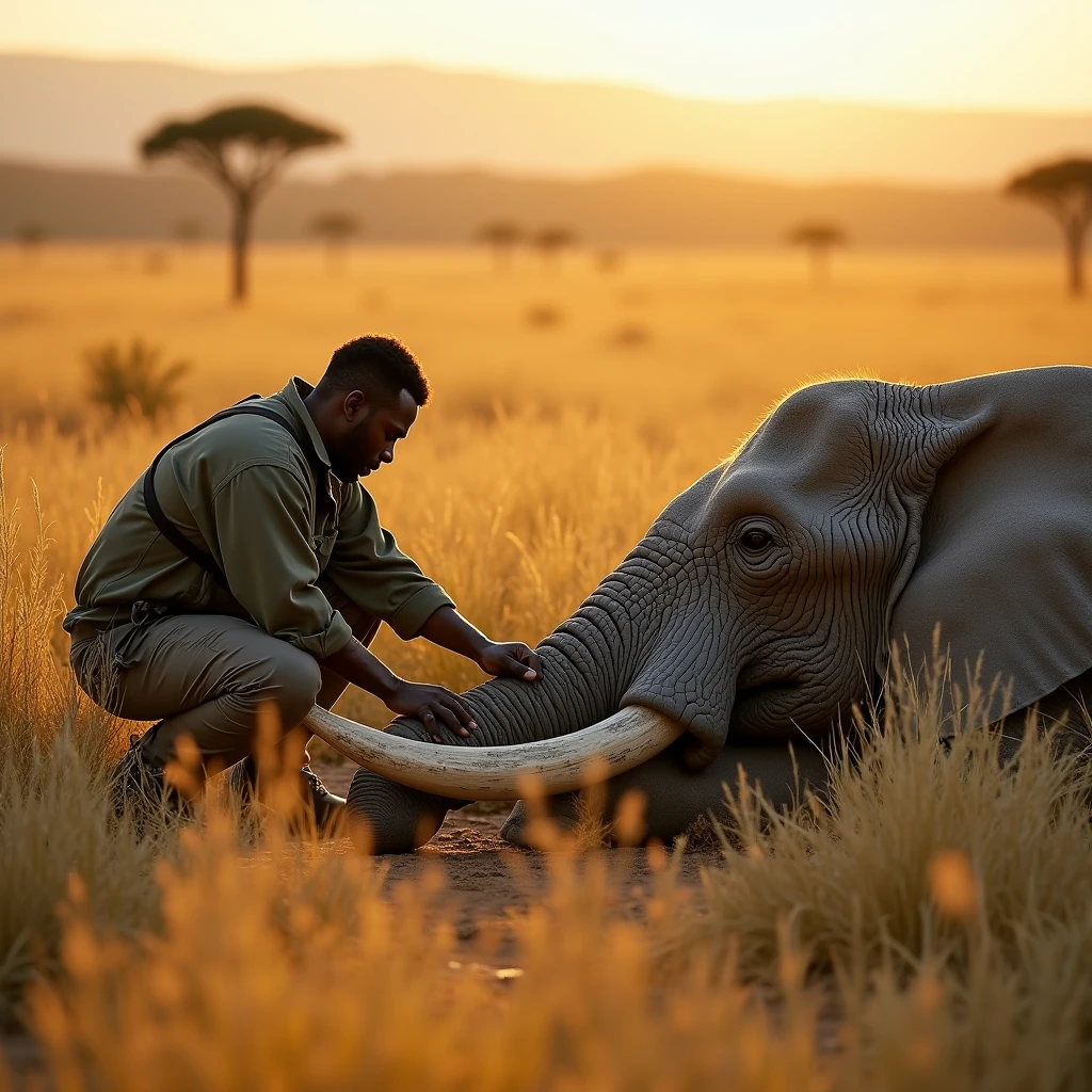 an elephant is on the ground sleeping while a poacher removes its tusks or ivory with a saw in the African savannah in the African savannah 4k ultra realistic