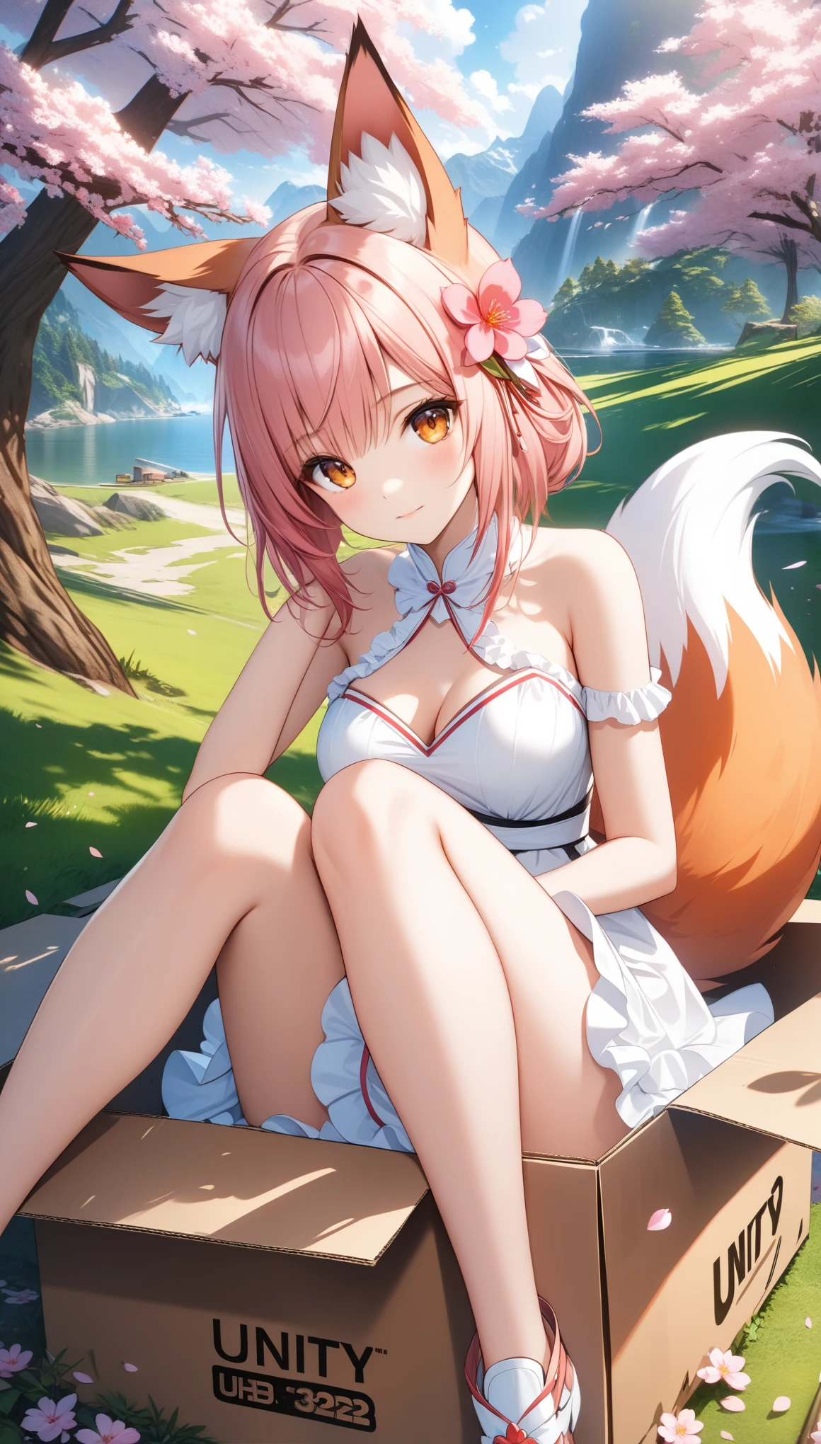 1girl, solo, breasts, looking at viewer, bangs, hair ornament, dress, animal ears, bare shoulders, medium breasts, closed mouth, tail, pink hair, flower, outdoors, frills, sleeveless, day, hair flower, white dress, tree, orange eyes, animal ear fluff, petals, fox ears, fox tail, frilled dress, cherry blossoms, fox girl, pink flower, (knees up), (Sitting in a cardboard box), ((32k)), ((best quality)), ((ultra high res)), ((HDR)), ((UHD)), ((extremely detailed CG)), ((unity 32k wallpaper)), 