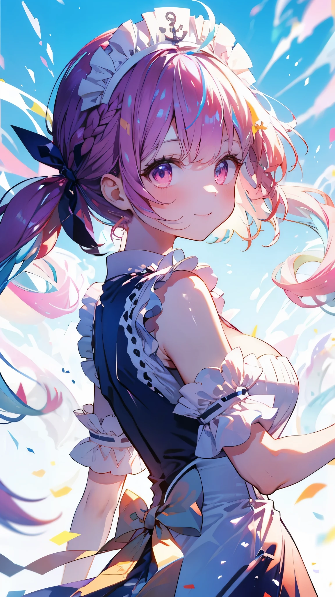 (Highest quality:1.2), (Very detailed:1.2),(masterpiece:1.2),(8k:1.2),(Blessed,Captivating body、Very beautiful eyes、Very detailed肌、Very detailed顔,Detailed Background), aaaqua, twintails, drill hair, maid headdress, cleavage, short sleeves, wrist cuffs, (summer background,Blue Sky background:1.3),(Gentle smile)、farewell、graduation, (looking back:1.2)