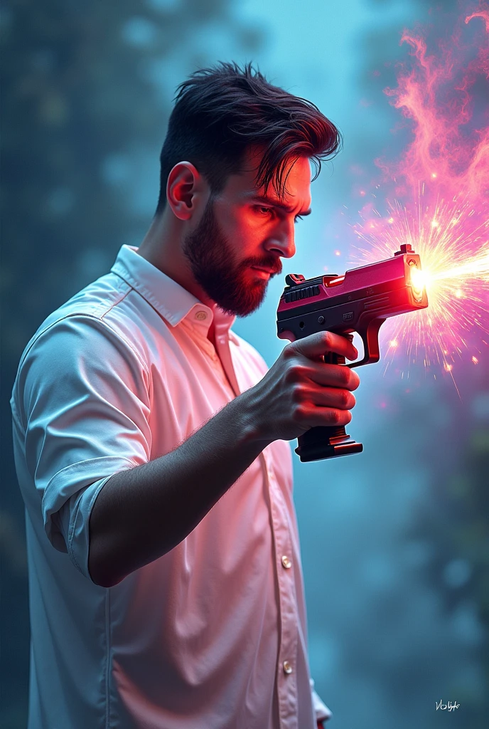 Messi with a hue gun in his hand wearing white dress