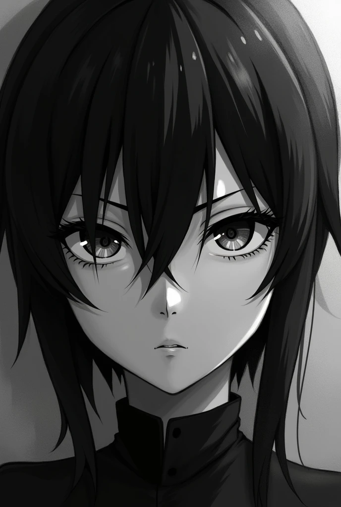 Image of an anime character, charcoal painting style image, frontal image, with a deep, intriguing, judgmental look, with dark hair, HDR image, with monochromatic effect.