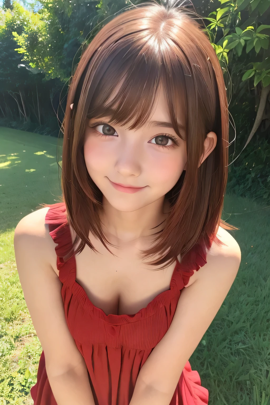 master piece,best quality,ultra-detailed,1girl,16yo,brown hair,(red dip-dye hair),short hair,straight hair,diagonal bangs,(small ???????:0.9),realistic,(blushing:0.9),nose blush,(grin:0.7),bashful,(baby face),one-piece dress,field