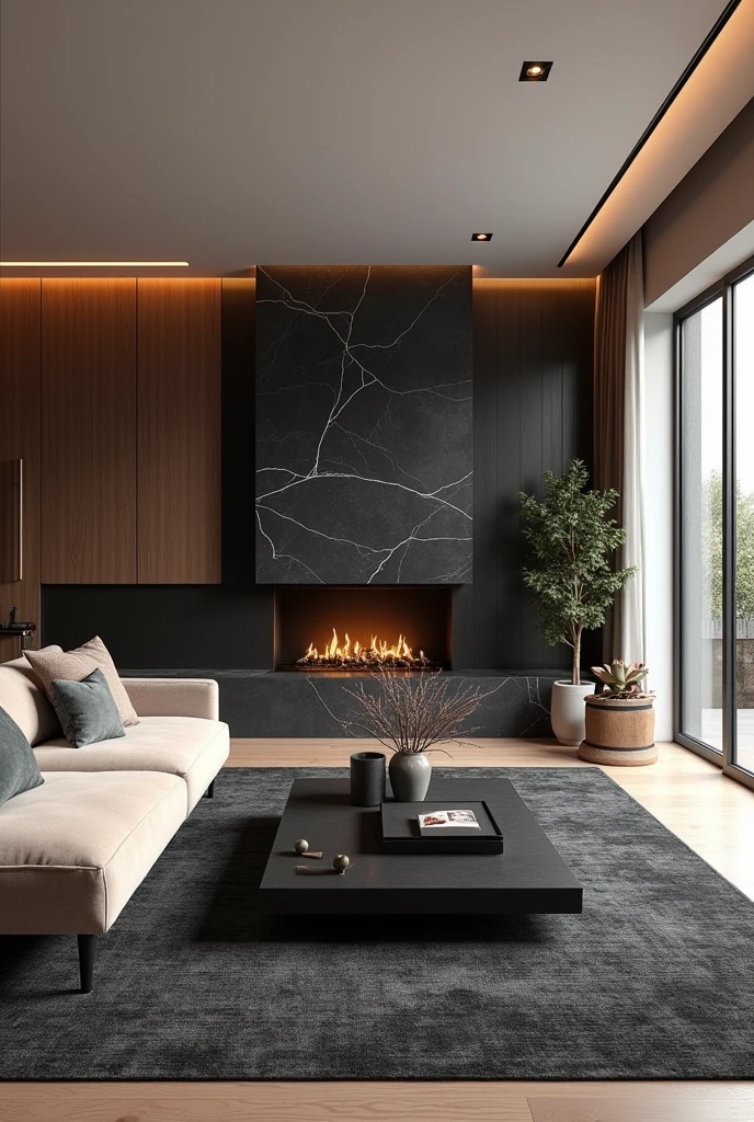 Professional 3d architecture rendering design of modern living room with so dark gray and so dark and so dark beige floranca velvet sofa set and medium flouting dark gray marble fireplace and brown laminate and elegant and modern accessories and modern windows and black slab stone middle table and elegant ceiling lighting and elegant accessories and elegant dark gray Persian carpet and elegant ceiling lighting