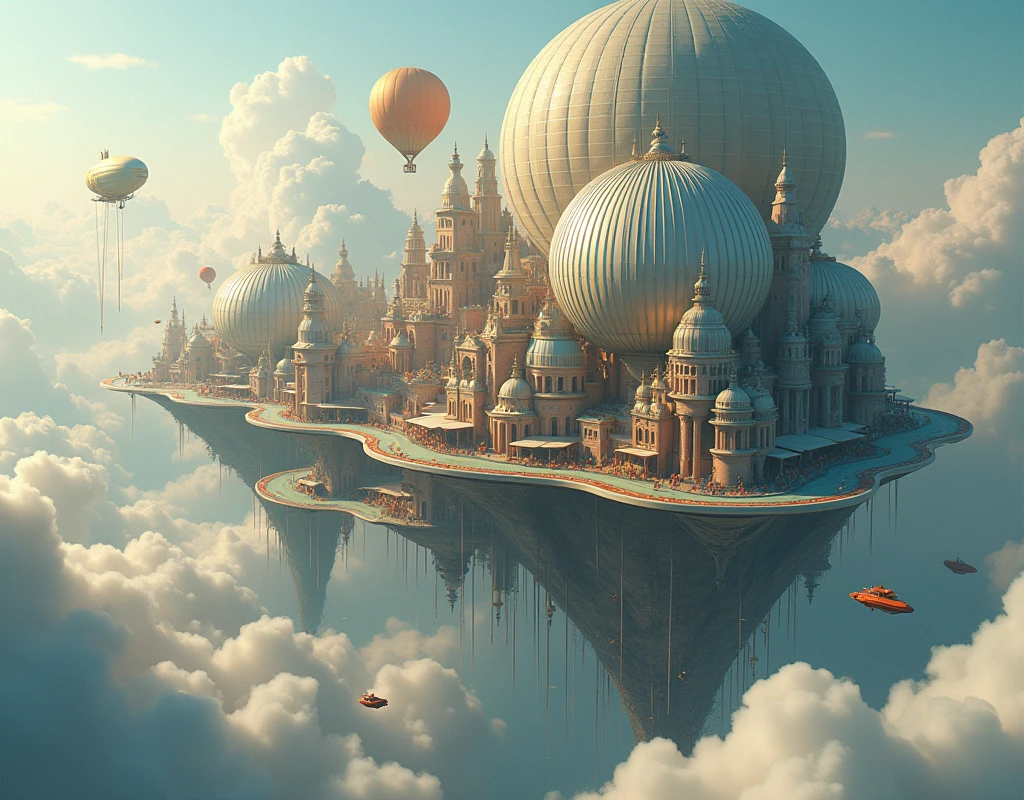 A surreal city suspended in the air, with buildings that look like giant balloons. Residents travel in airships and the streets are filled with sparkling confetti..