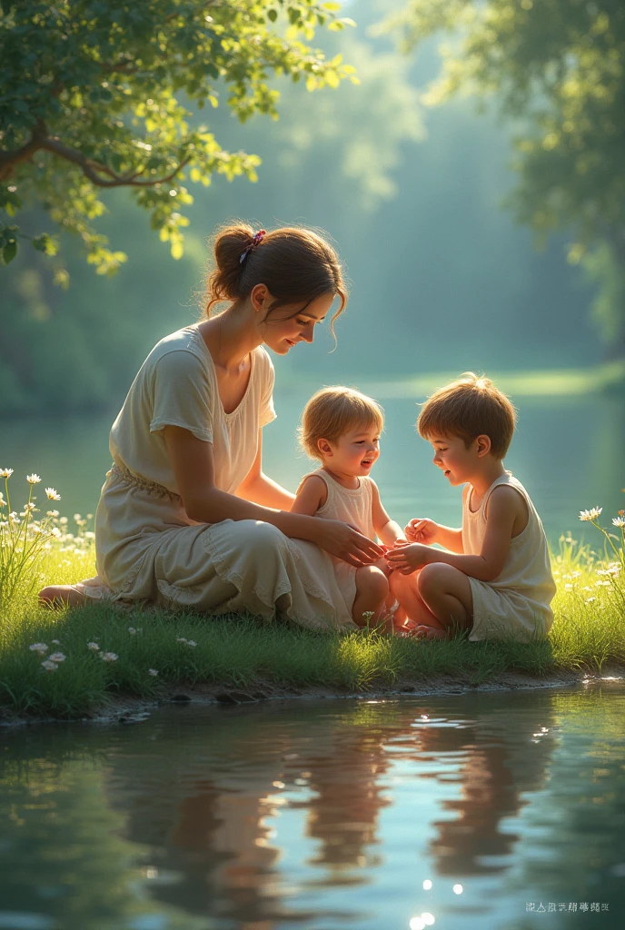 Imagine a woman around a lake taking care of 3 children the name of the lake is lake of serenity