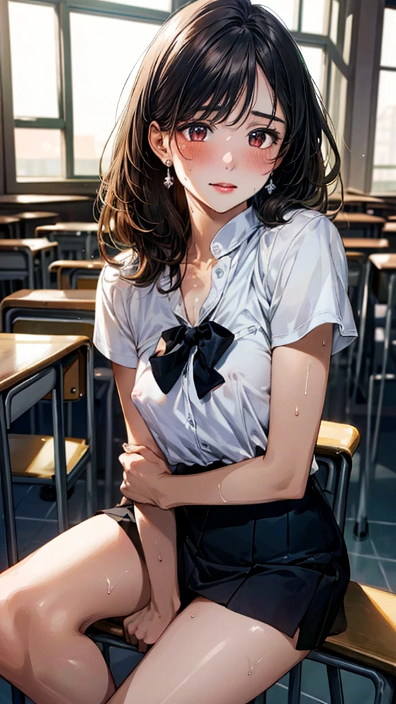 (masterpiece:1.3, Highest quality, Ultra-high resolution, Super detailed), (Realistic, photoRealistic:1.4), Beautiful illustrations, Perfect lighting, Natural light, colorful, Depth of written boundary, Surrealism, Beautiful detailed hair, Beautifully detailed face, Beautiful attention to detail, Beautiful clavicle, Beautiful body, Beautiful breasts, Beautiful thighs, Beautiful feet, Beautiful fingers, 輝くskin, Baby Face, View your viewers, (Ultra HD), (Highest quality), mini skirt, Spread leg pose, xxx, +18, 2 women,Sensual satisfied face, iris, orgasm, masterpiece, 16K, Very detailed, 2.5D, AI-generated, delicate and dynamic, Very delicate look, Delicate eye depiction, erotic, ((Cute and gentle face)), Healthy body shape, Height: 160cm, Medium firmness and swaying bust, blush, Sweat,Embarrassing,sexy, ((Thin thighs)), (Camel Toe:0.8), (Erect nipples:0.9), ((Shiny)), ((Oily_skin)), sweaty skin, Dutch Angle, Spread your legs, Put your hand out here,((classroom)),White liquid ejaculated, on the body