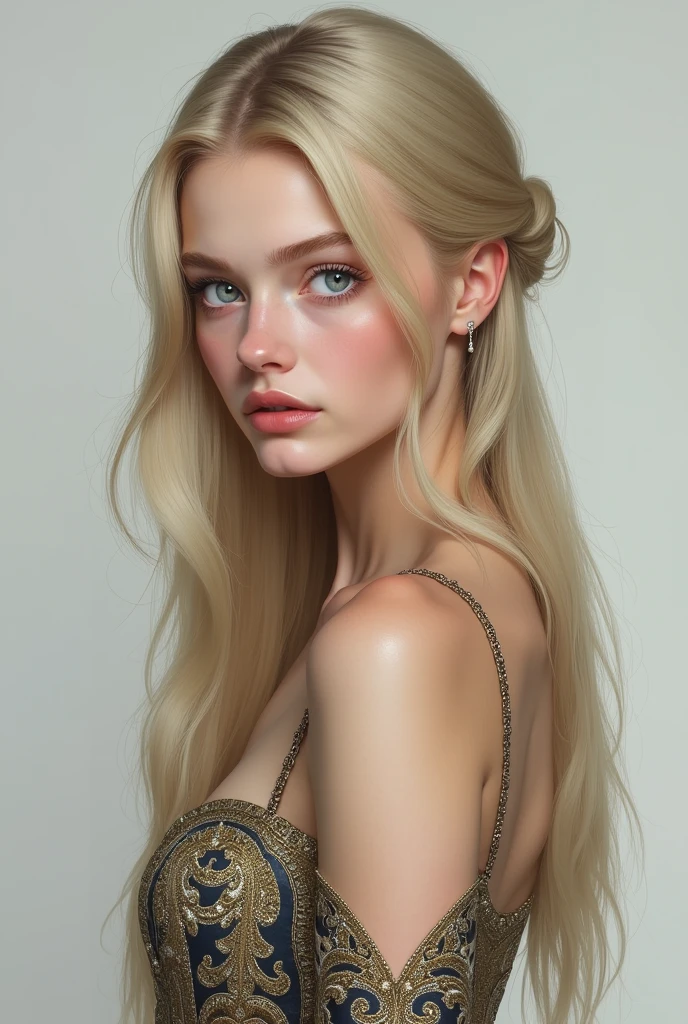 Portrait of a beautiful Norwegian girl, Small Breasts, Complex dress, Gentle smile, Natural lips, #1: Long blond hair with shaved sides , Blue-grey eyes, realism, number, Concept Art, Smooth, Clear focus, Rule of Thirds, Style Fan
