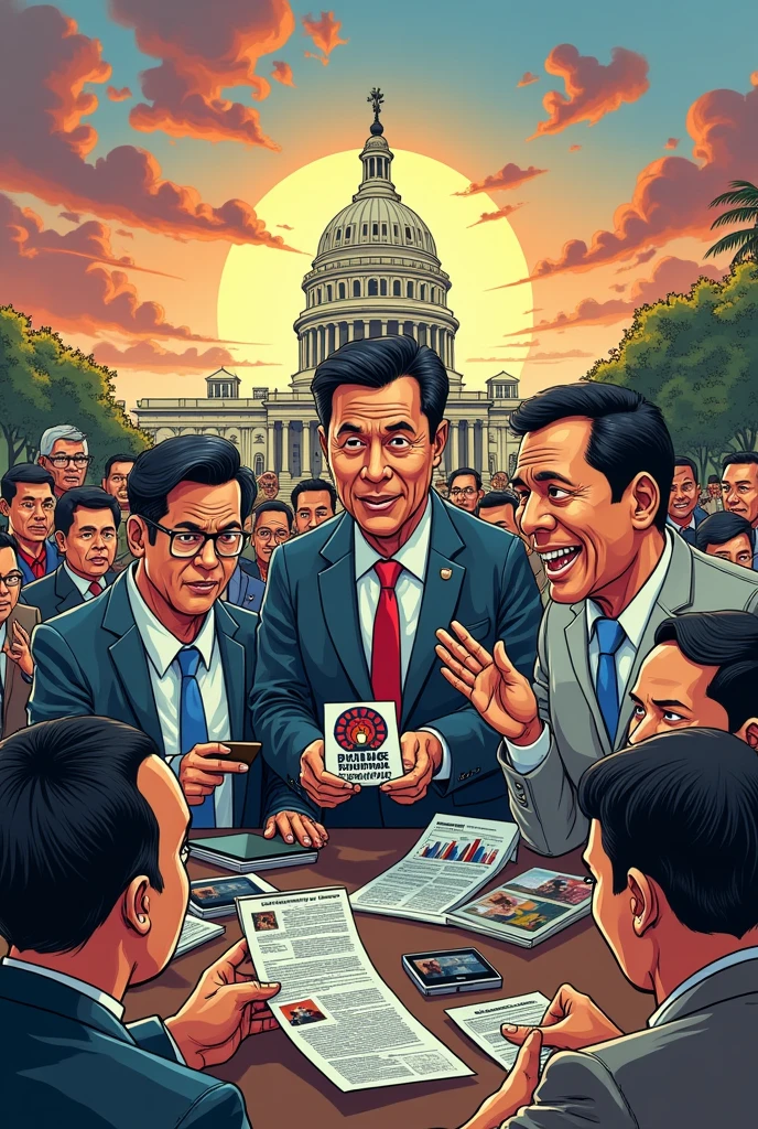 I would like for you to generate a political cartoon depicting your opinion about how Philippine media performs its roles and functions in the Philippines which is a democratic country.