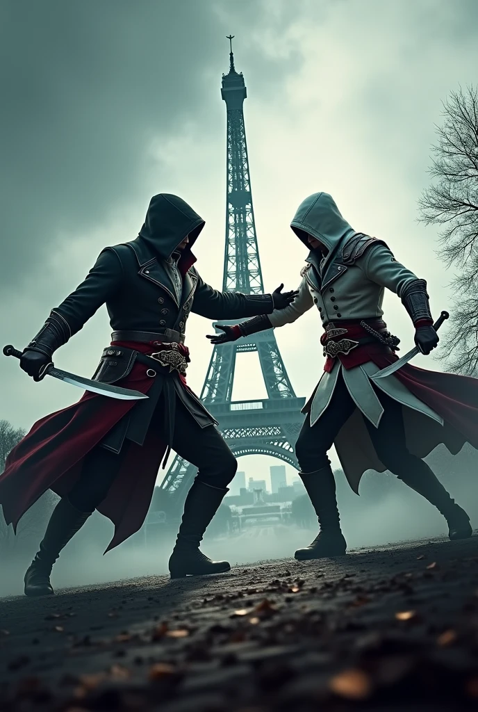 Two assassins creed characters and background with paris tower combine all this as poster