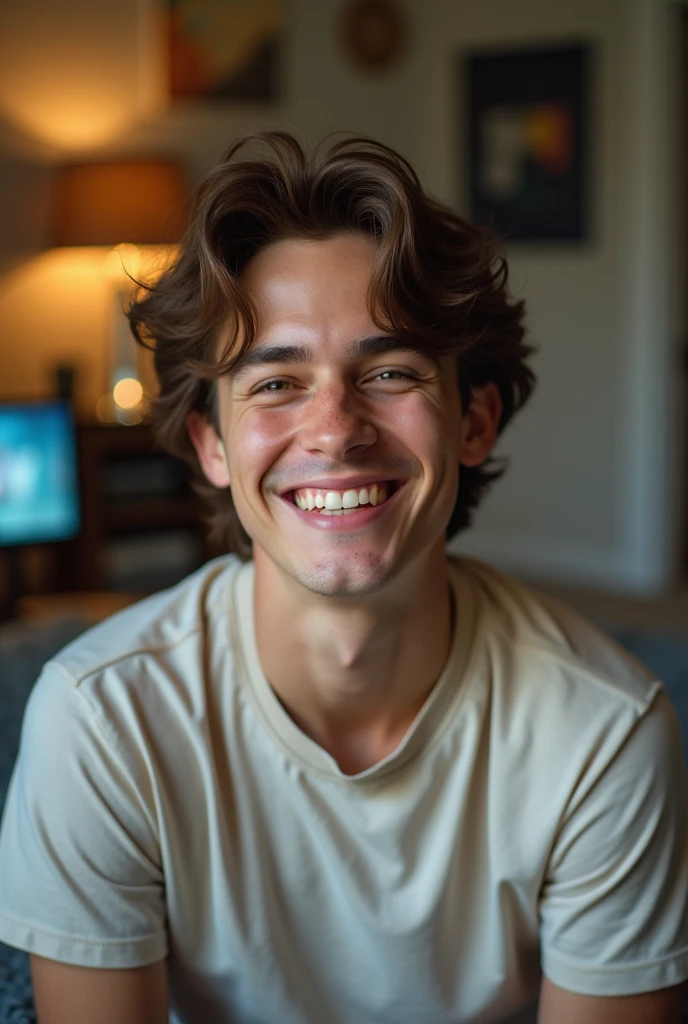 young man with brown hair smiling in his bedroom, stock photo