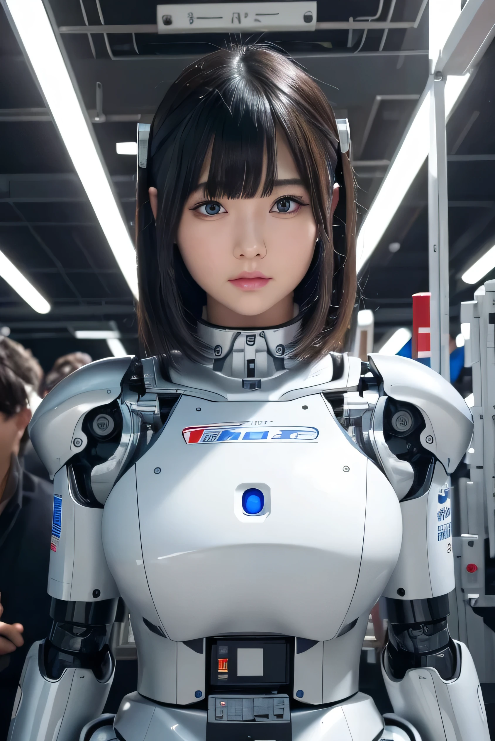 masterpiece, best quality, extremely detailed, 8K portrait,1girl in, Japaese android girl,android teacher,Plump , control panels,android,Droid,Mechanical Hand, ,Robot arms and legs, Black hair,Mechanical body,Blunt bangs,White Robotics Parts,perfect robot woman,Charging spot,perfect mechanical body,white robotics body,android assembly plant,white body,She has repaired,black sponge joints,android,laboratory,perfect machine body,white robot body,blue eyes