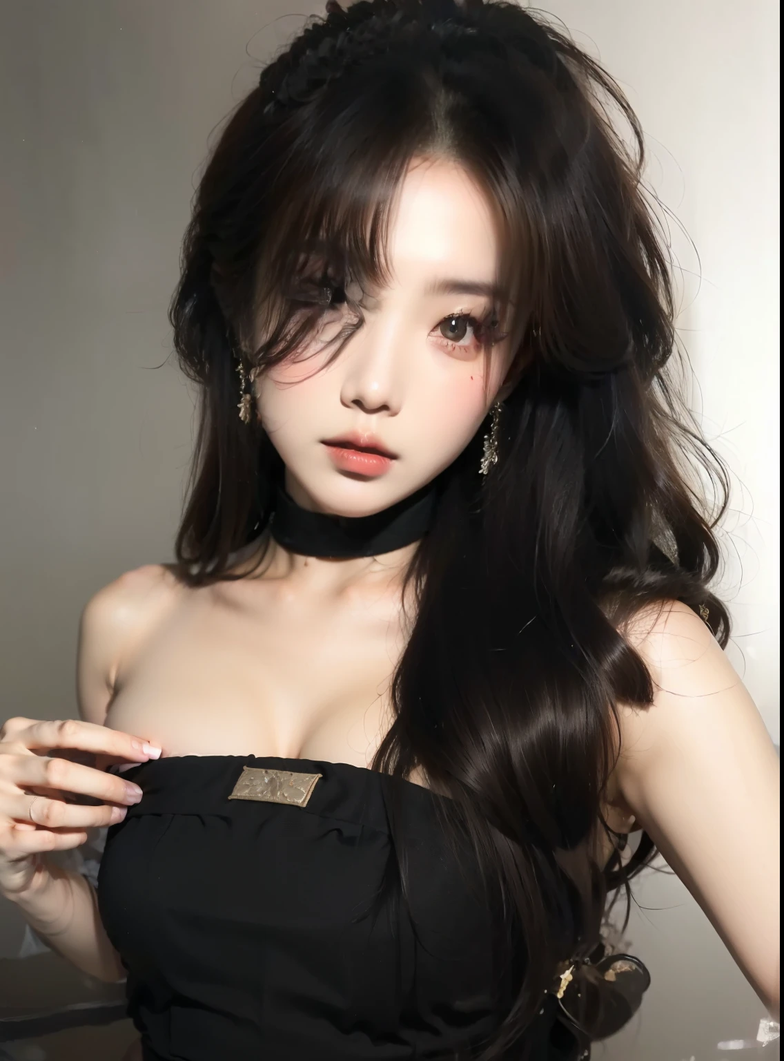 A close-up of a woman with long black hair wearing a chokehold., Brutal Korean Goth Girl, Best Face, Korean woman, Beautiful Korean Woman, Beautiful young Korean woman, Absolutely lovely Korean face, blackpink jennie, Letrato Jisoo Blackpink, He has black hair with bangs, long wavy black hair, Wavy black hair with bangs, Beautiful young Korean woman