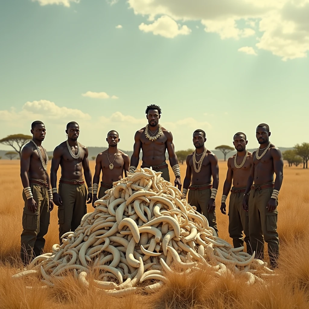 Poachers with ivory accessories are gathered around a pile of elephant ivory in the African savannah 4k realistic
