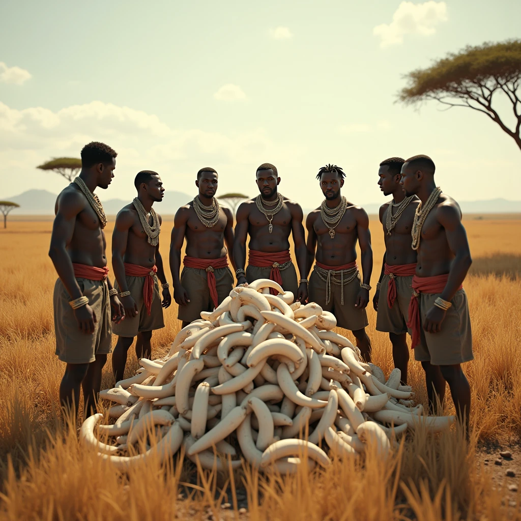 Poachers with ivory accessories are gathered around a pile of elephant ivory in the African savannah 4k realistic 