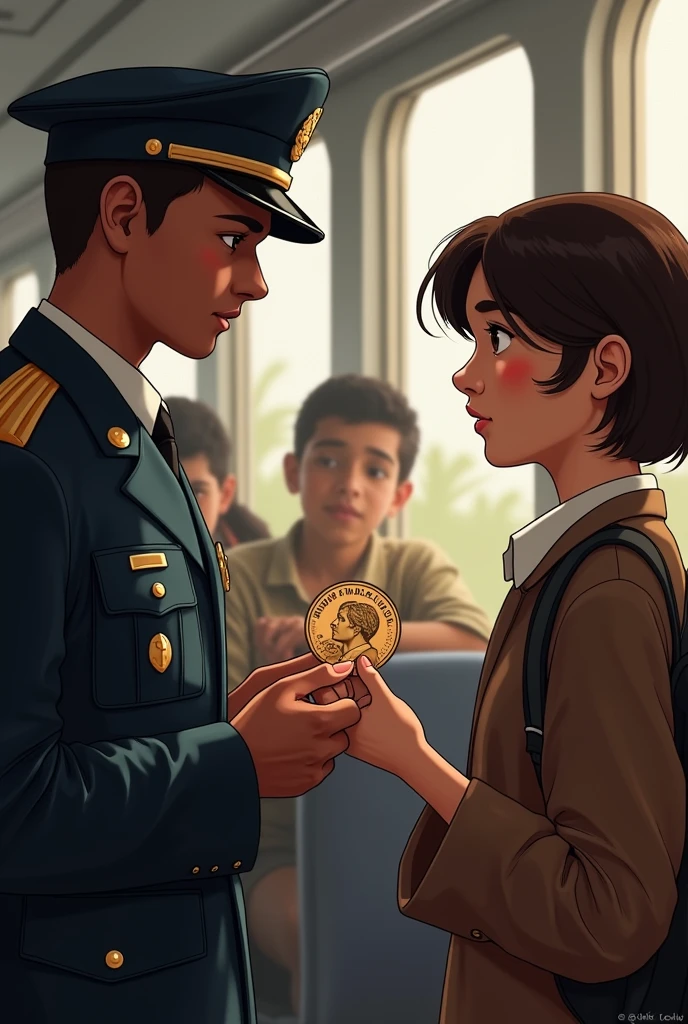 The uniformed school student talks to the young Peruvian passenger about the coin with the image of Jose de la Mar and tells him the history of the coin.