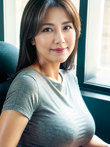 Highly detailed face and skin texture, Fine grain, Photorealistic rendering, Subsurface scattering, High-resolution facial features, Micro skin details, Natural skin tones, Soft shadows and highlights. Sitting on an office chair, facing the camera with a kind smile, looking towards the right, Japanese mature gravure idol ,very voluptuous body with big breasts and hips, double eyelids, mature and attractive middle-aged woman. Brown medium-length hair, tight skirt that hugs the hips, wearing a brown tight T-shirt