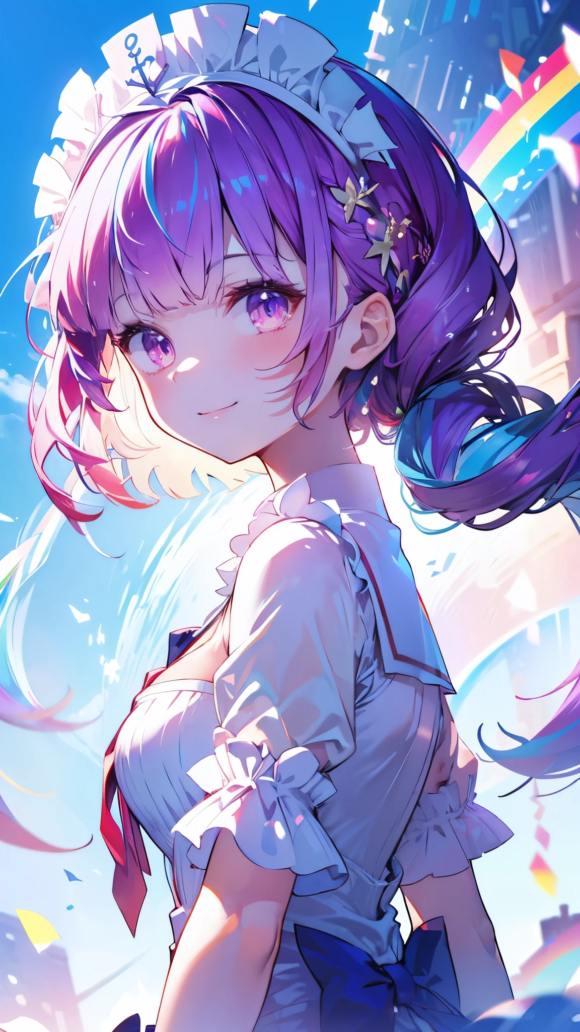 (Highest quality:1.2), (Very detailed:1.2),(masterpiece:1.2),(8k:1.2),(Blessed,Captivating body、Very beautiful eyes、Very detailed肌、Very detailed顔,Detailed Background), aaaqua, twintails, drill hair, maid headdress, cleavage, short sleeves, wrist cuffs, (summer background,Blue Sky background,rainbow:1.3),(The best smile:1.2)、farewell、graduation, (portrait ,looking back:1.2)