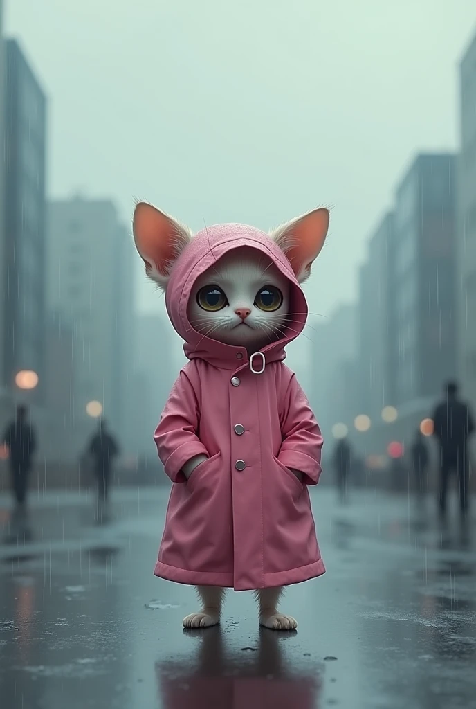 In the city on a rainy day、Draw a scene of a cat standing quietly in a pink raincoat.。In Chihuahua、Her big eyes look sadly out into the rain.。There are raindrops on the raincoat、Cat ears peeking out from the hood。A hazy urban landscape spreads out in the background.、There is a moist atmosphere overall.。In this scene、A cat standing tall in the rain、Emphasize the loneliness of the city。」