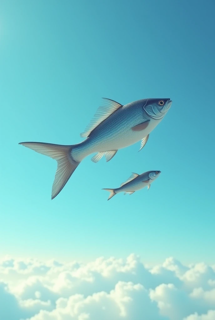 A bird in profile is overtaken by a fish high in the sky , le poisson est devant l'oiseau en position horizontale